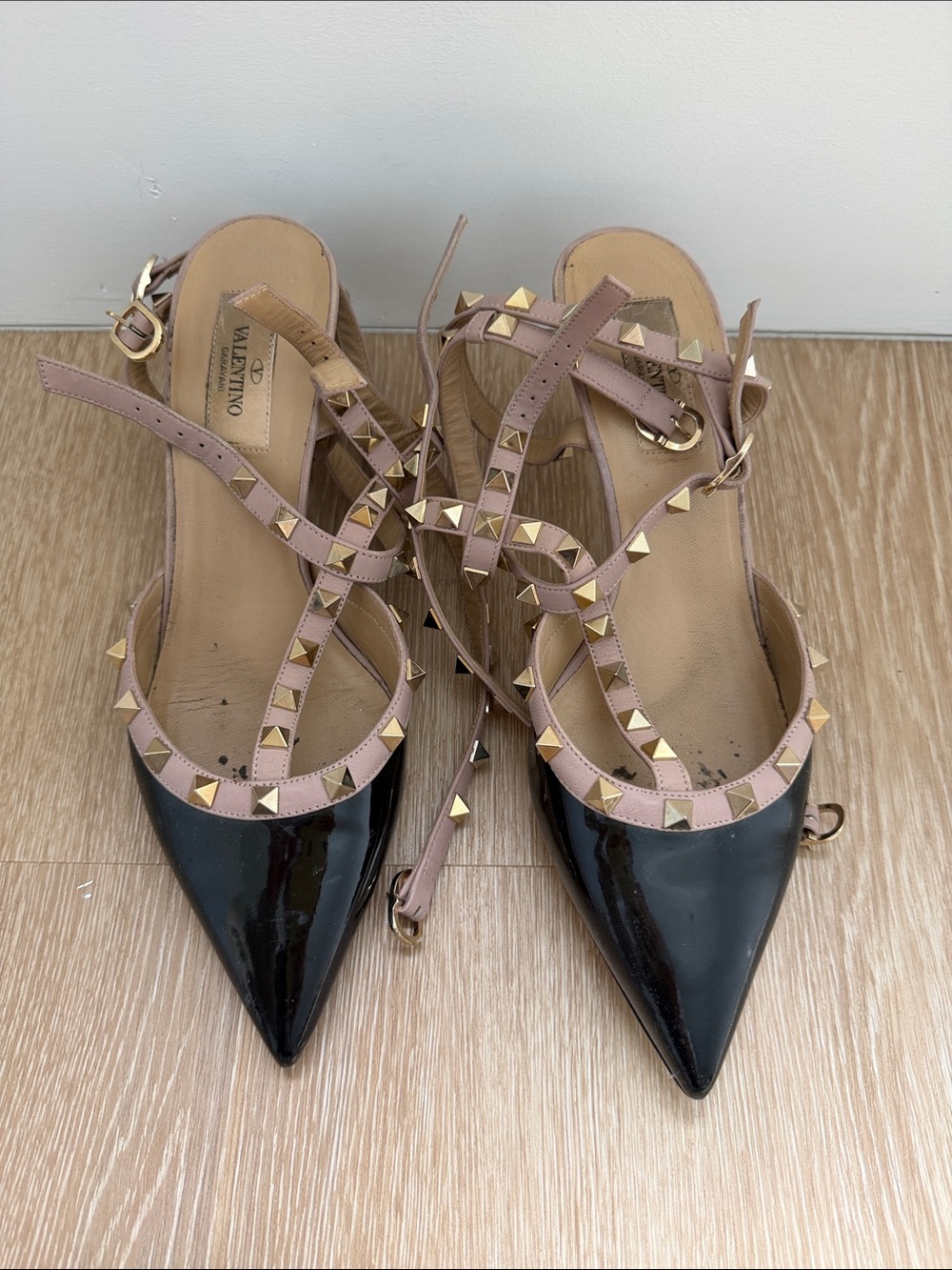 Valentino Black Patent Pointed Toe Slingbacks with Nude Rockstud Straps